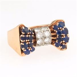 Ladies Gold, Diamond and Sapphire Bow Ring 