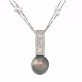 Ladies Gold, Diamond, Seed Pearl and 16mm Tahitian Pearl Pendant on Fancy Chain 