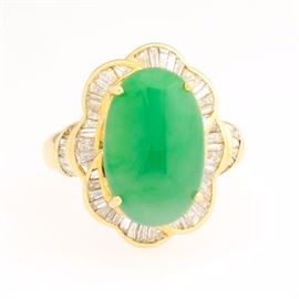 Ladies Gold, Green Jade and Diamond Cocktail Ring 