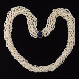 Ladies Gold, Lapis Lazuli and Pearl TenStrand Necklace 