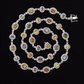 Ladies Gold, Multicolor Sapphire and Diamond Necklace 