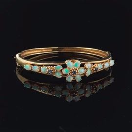 Ladies Gold, Opal and Blue Sapphire Bangle 