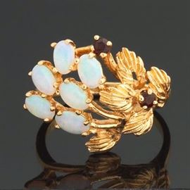 Ladies Gold, Opal and Garnet Floral Design Ring 
