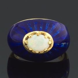 Ladies Gold, Opal and Guilloche Enamel Ring 
