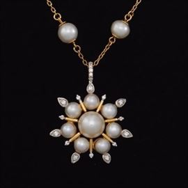 Ladies Gold, Pearl and Diamond Snowflake Necklace 