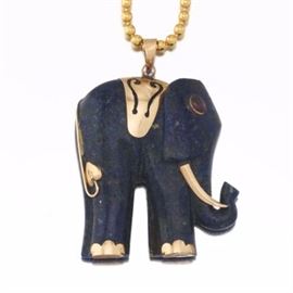 Ladies Gold, Ruby and Sodalite Elephant Pendant on Chain 