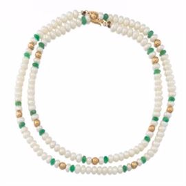 Ladies Gold, Seed Pearl and Emerald Necklace 