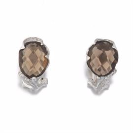 Ladies Gold, Smoky Quartz and Diamond Pair of Earrings 