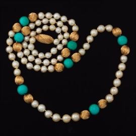 Ladies Gold, Turquoise and Pearl Necklace 