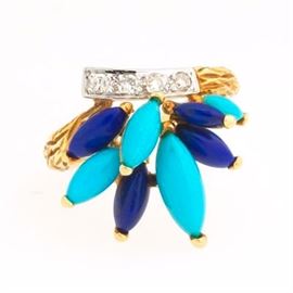Ladies Gold, Turquoise, Lapis Lazuli and Diamond Fashion Ring 