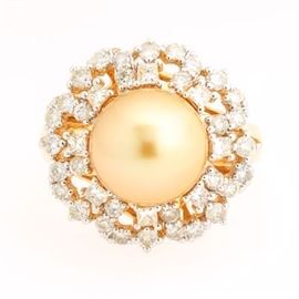 Ladies Golden Pearl and Diamond Ring 