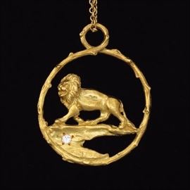 Ladies Italian Gold and Diamond Lion Pendant on Chain 