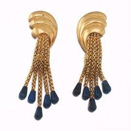 Ladies Italian Gold and Lapis Lazuli Pair of Waterfall Earrings 