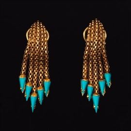 Ladies Italian Gold and Turquoise Color Stone Pair of Tassel Ear Clips 