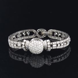 Ladies Neiman Marcus Art Deco Style Platinum and Diamond Bracelet with Watch