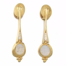 Ladies Pair of Gold, Carved Moonstone and Diamond Dangle Earrings 