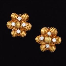 Ladies Retro Gold and Diamond Pair of Ear Clips 