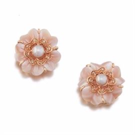 Ladies Rose Gold, Shell, Pearl and Diamond Earrings 