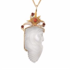 Ladies Thomas R. McPhee Gold, Carved Rock Crystal and Gemstone Designers Pendant on Chain 