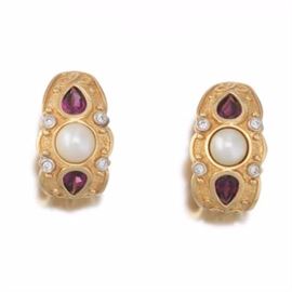 Ladies Tudor Revival Gold, Amethyst, Pearl and Diamond Pair of Earrings 