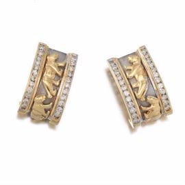 Ladies TwoTone Gold and Diamond Cartier Style Pair of Panther Earrings 