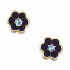 Ladies TwoTone Gold, Aquamarine and Guilloche Cobalt Blue Enamel Pair of Floral Earrings 