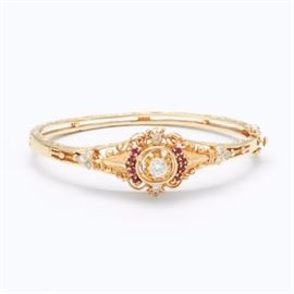 Ladies Victorian Style Gold, Diamond and Ruby Bangle 