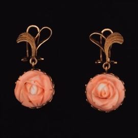 Ladies Vintage Gold and Carved Angel Skin Coral Pair of Earrings 
