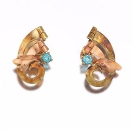 Ladies Vintage TwoTone Gold and Blue Zircon Pair of Ear Clips 
