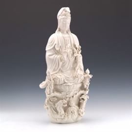 Large Chinese Blanc de Chine Porcelain Ming Style Guanyin in Karana Mudra on Lotus Throne 