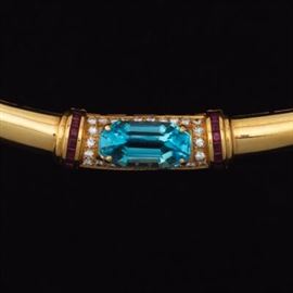LeVian Vintage Gold, Blue Topaz, Diamond and Ruby Omega Choker Necklace 