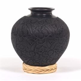 Mate Ortiz Carved Black Pottery Vase on Stand