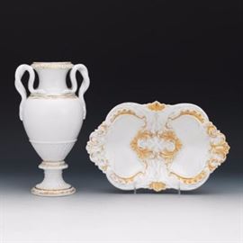 Meissen Schlangenvasen Gilt Porcelain Vase and Gilt Porcelain Dish 
