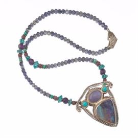 Native American Southwestern Sterling Silver, Boulder Opal and Gemstone Necklace 