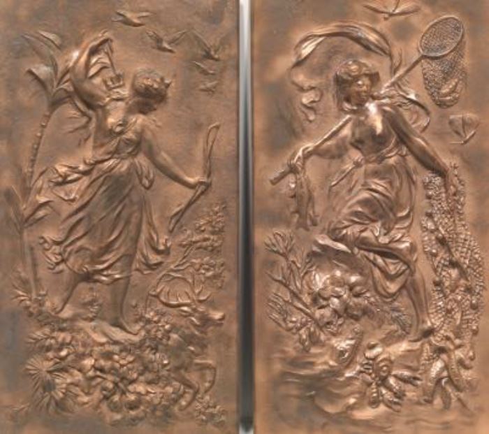 Pair of Cast Bronze Relief Fireplace Plates