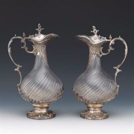 Pair of Flamant  Fils Glass and 950 Silver Claret Jugs