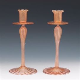 Pair of Murano Art Glass with Gold Flecks Candlesticks 