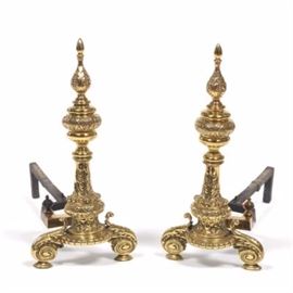 Pair of Neoclassical Brass Fireplace Andirons 