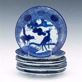 Set of Seven Blue and White Porcelain Vases