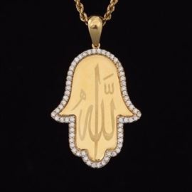 The Hamsa Protective Hand of God Gold and White Sapphire Pendant on Chain 