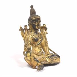 Tibetan Gilt Bronze Cabinet Sculpture of Sitting Buddha Shakyamuni 