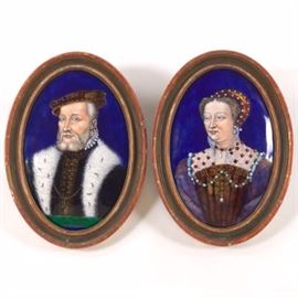 Two Antique Limoges Enamel on Copper Portraits of King Henry II and Queen Catherine de Medici of France and Navarre, ca. 19th Century