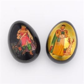 Two Russian Lacquer Egg Shape Boxes 