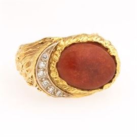 Vintage Gold, Diamond and Carnelian Color Stone Fashion Ring 