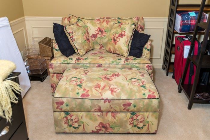 Love seat sofa sleeper with mattress and ottoman with storage.