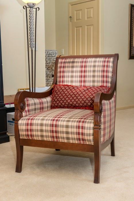 Plaid upholstered chair.