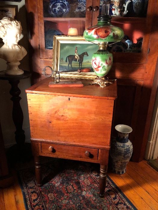Gone with the Wind Lamp ($100)
Kentucky cherry sugar chest with dovetailed case, divider, and mounted sugar nippers, English oil on canvas of jockey and horse (exquisite)