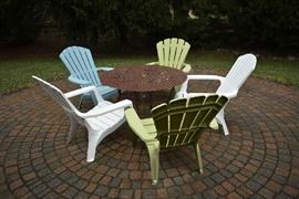 WROUGHT IRON TABLE, PATIO CHAIRS