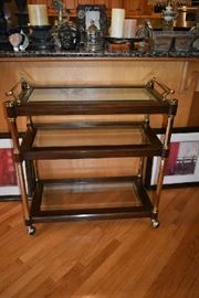 ETHAN ALLEN BRASS/WOOD W/GLASS TEA CART