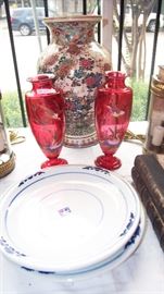 Oriental and Satsuma vase, pr. Victorian Art Glass Vases